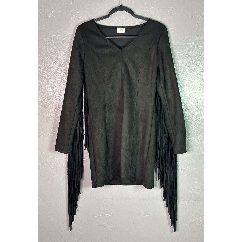 Blue Buttercup Black Faux Suede Mini Dress Fringed Arms & Back Med.